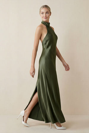 Halter Sheath Satin Bridesmaid Dress in Willow Green - KissProm Bridesmaid Dresses