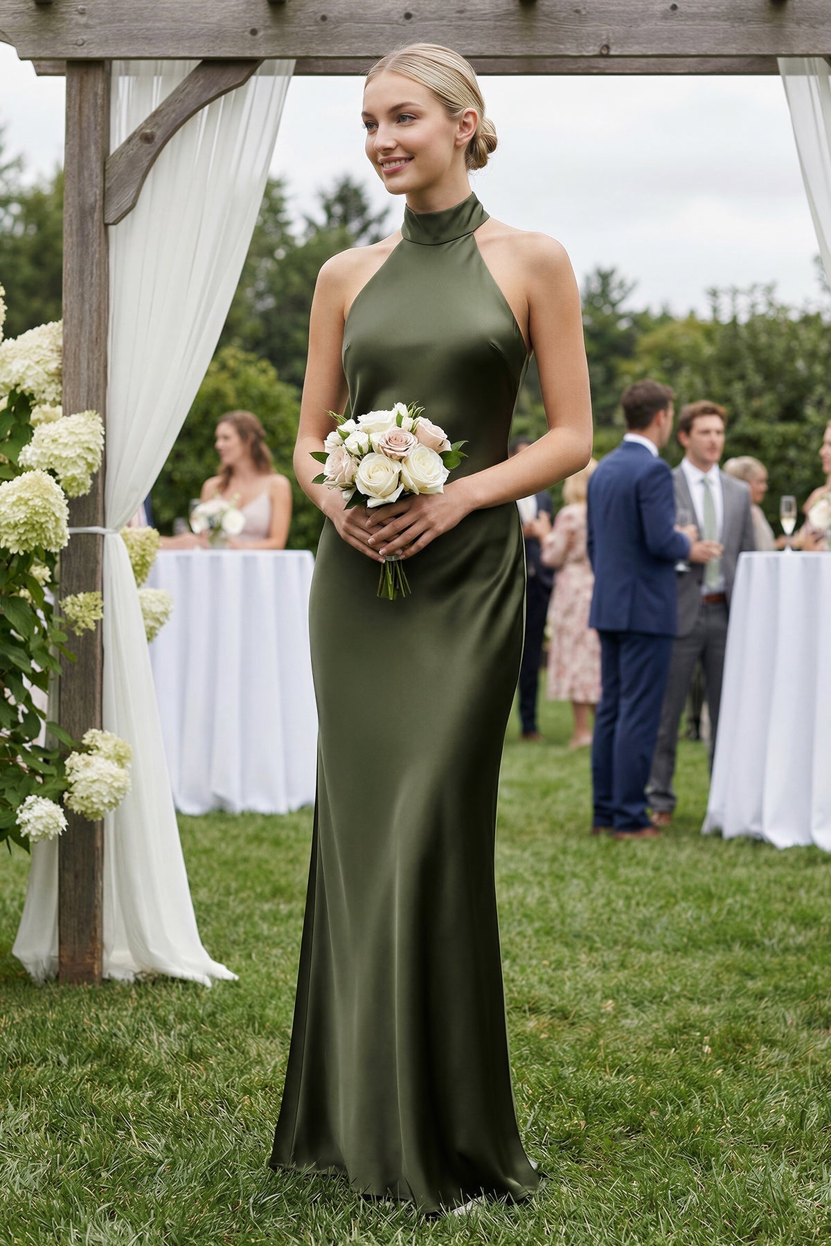 KissProm Halter Sheath Satin Bridesmaid Dress in Willow Green, Willow Green / 28