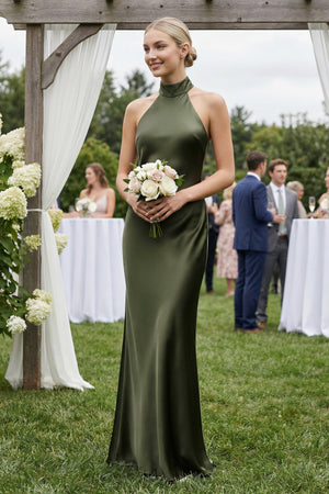 Halter Sheath Satin Bridesmaid Dress in Willow Green - KissProm Bridesmaid Dresses