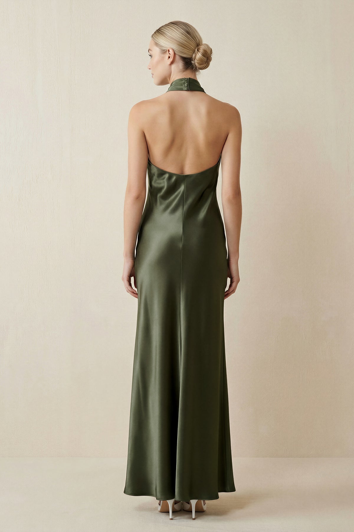 KissProm Halter Sheath Satin Bridesmaid Dress in Willow Green, Willow Green / 28