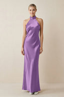 Halter Sheath Satin Bridesmaid Dress in Wisteria - KissProm Bridesmaid Dresses