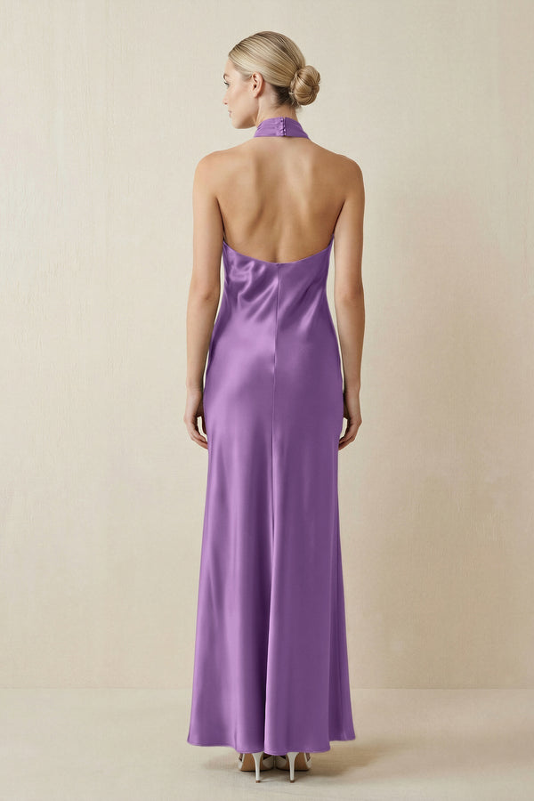 Halter Sheath Satin Bridesmaid Dress in Wisteria - KissProm Bridesmaid Dresses