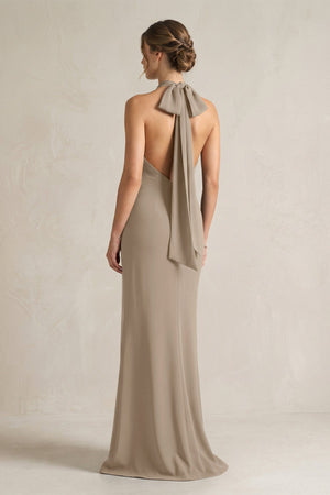 Halter Sheath Satin Bridesmaid Dress With Bow in Almond - KissProm Bridesmaid Dresses