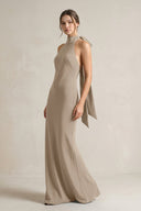 Halter Sheath Satin Bridesmaid Dress With Bow in Almond - KissProm Bridesmaid Dresses