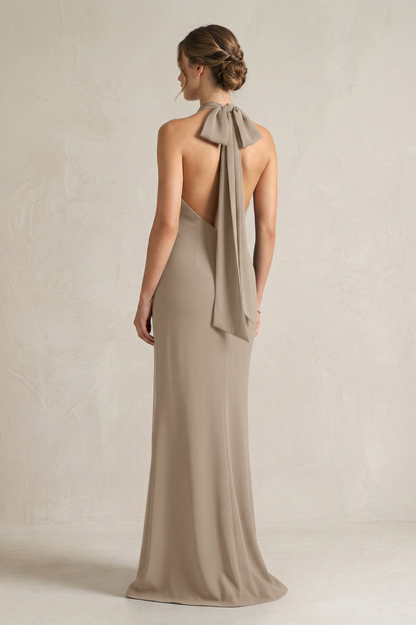 Halter Sheath Satin Bridesmaid Dress With Bow in Almond - KissProm Bridesmaid Dresses