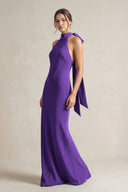 Halter Sheath Satin Bridesmaid Dress With Bow in Amethyst - KissProm Bridesmaid Dresses