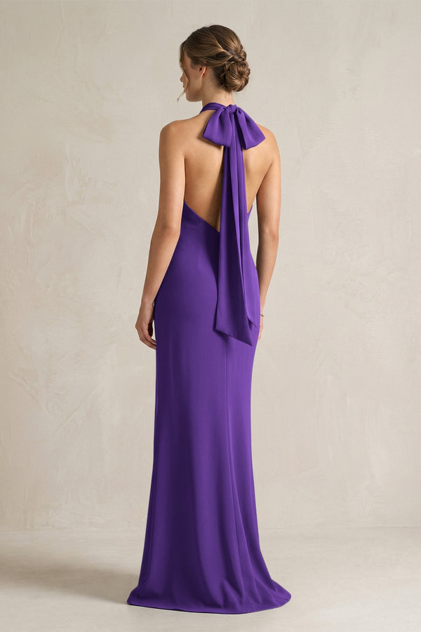 Halter Sheath Satin Bridesmaid Dress With Bow in Amethyst - KissProm Bridesmaid Dresses