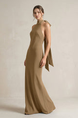 Halter Sheath Satin Bridesmaid Dress With Bow in Apple Cinnamon - KissProm Bridesmaid Dresses