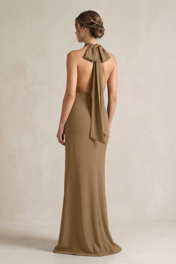 Halter Sheath Satin Bridesmaid Dress With Bow in Apple Cinnamon - KissProm Bridesmaid Dresses