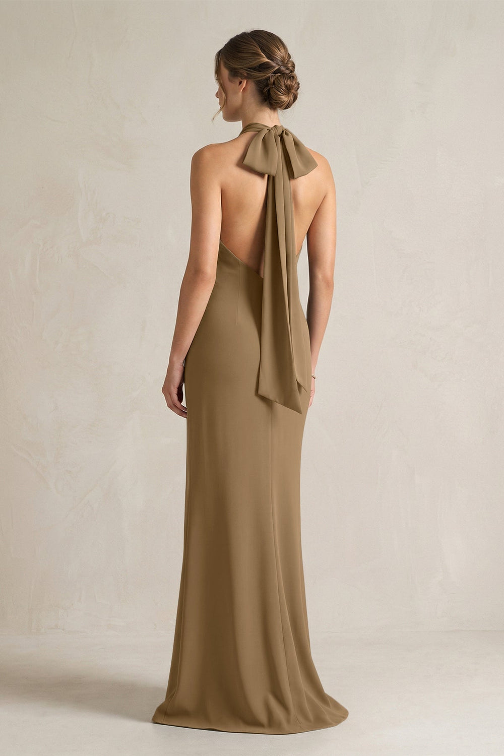 Halter Sheath Satin Bridesmaid Dress With Bow in Apple Cinnamon - KissProm Bridesmaid Dresses