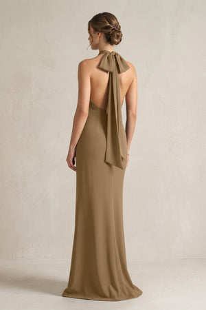 Halter Sheath Satin Bridesmaid Dress With Bow in Apple Cinnamon - KissProm Bridesmaid Dresses