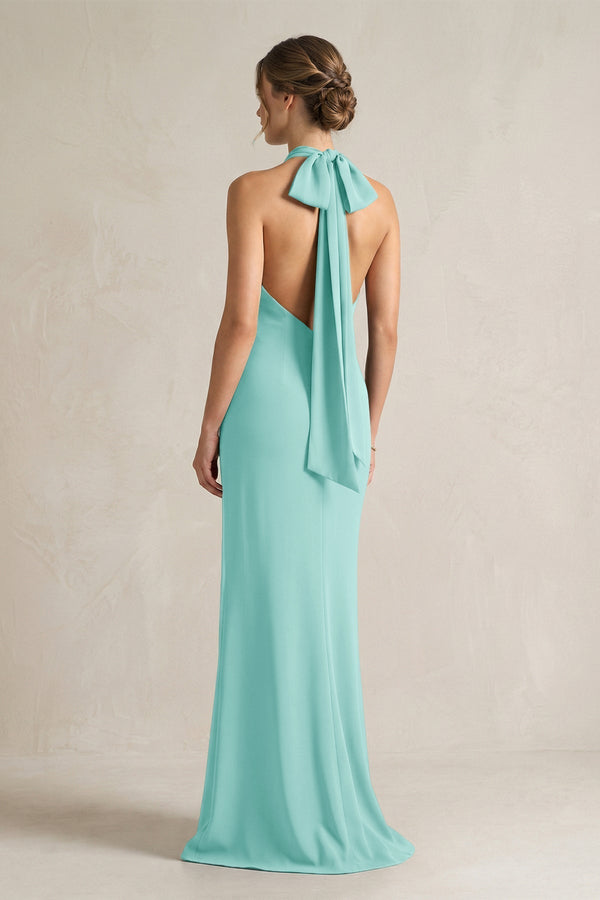 Halter Sheath Satin Bridesmaid Dress With Bow in Aqua - KissProm Bridesmaid Dresses