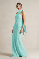 Halter Sheath Satin Bridesmaid Dress With Bow in Aqua - KissProm Bridesmaid Dresses