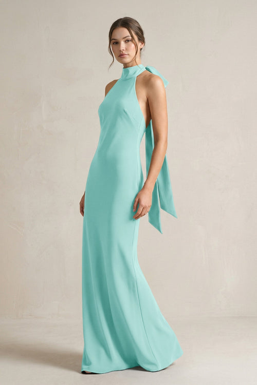 Halter Sheath Satin Bridesmaid Dress With Bow in Aqua - KissProm Bridesmaid Dresses