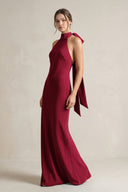 Halter Sheath Satin Bridesmaid Dress With Bow in Berry - KissProm Bridesmaid Dresses