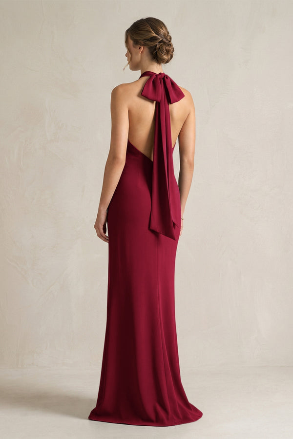 Halter Sheath Satin Bridesmaid Dress With Bow in Berry - KissProm Bridesmaid Dresses