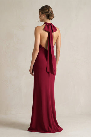 Halter Sheath Satin Bridesmaid Dress With Bow in Berry - KissProm Bridesmaid Dresses