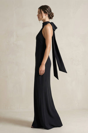 Halter Sheath Satin Bridesmaid Dress With Bow in Black - KissProm Bridesmaid Dresses