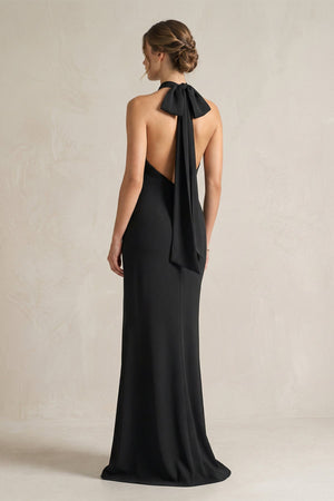 Halter Sheath Satin Bridesmaid Dress With Bow in Black - KissProm Bridesmaid Dresses