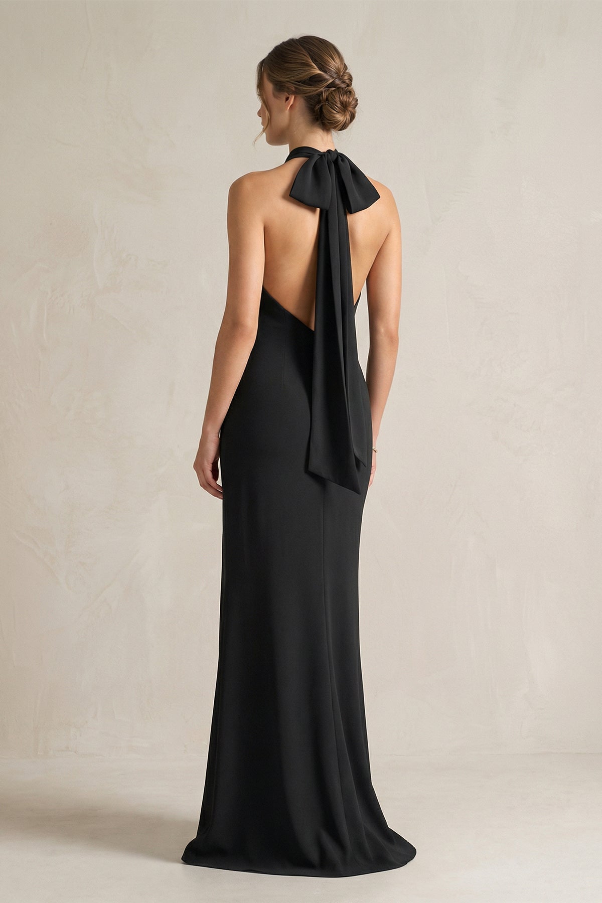 Halter Sheath Satin Bridesmaid Dress With Bow in Black, Black / 22
