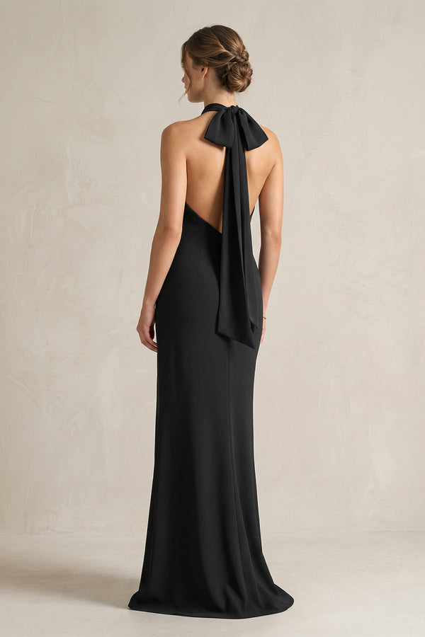 Halter Sheath Satin Bridesmaid Dress With Bow in Black - KissProm Bridesmaid Dresses