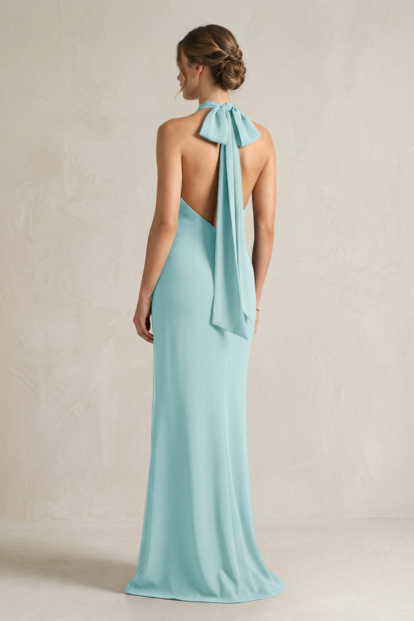Halter Sheath Satin Bridesmaid Dress With Bow in Bleached Aqua - KissProm Bridesmaid Dresses