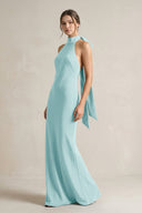 Halter Sheath Satin Bridesmaid Dress With Bow in Bleached Aqua - KissProm Bridesmaid Dresses