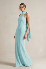 Halter Sheath Satin Bridesmaid Dress With Bow in Bleached Aqua - KissProm Bridesmaid Dresses