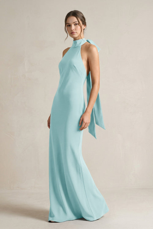 Halter Sheath Satin Bridesmaid Dress With Bow in Bleached Aqua - KissProm Bridesmaid Dresses