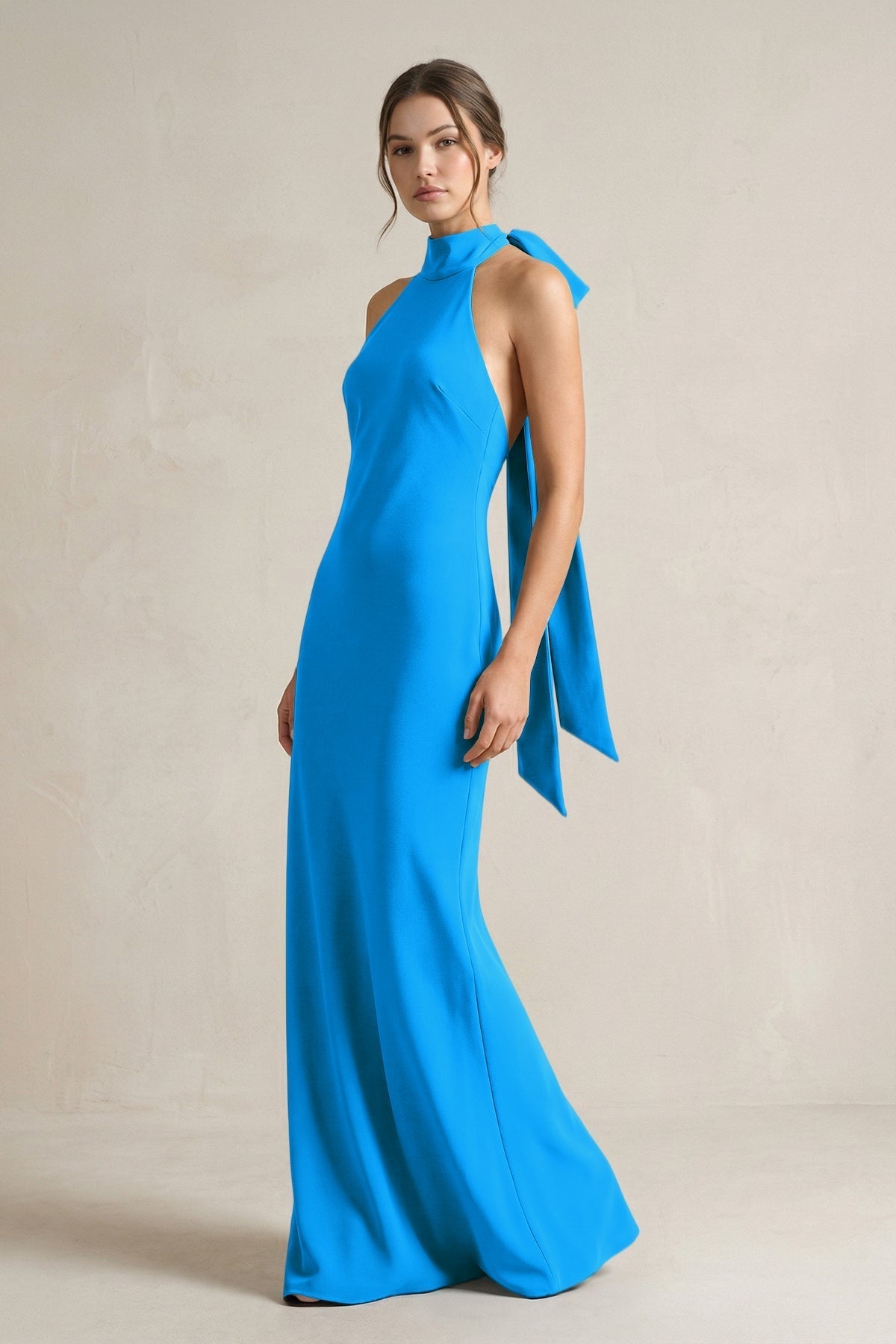 KissProm Halter Sheath Satin Bridesmaid Dress With Bow in Blue Jay, Blue Jay / 2