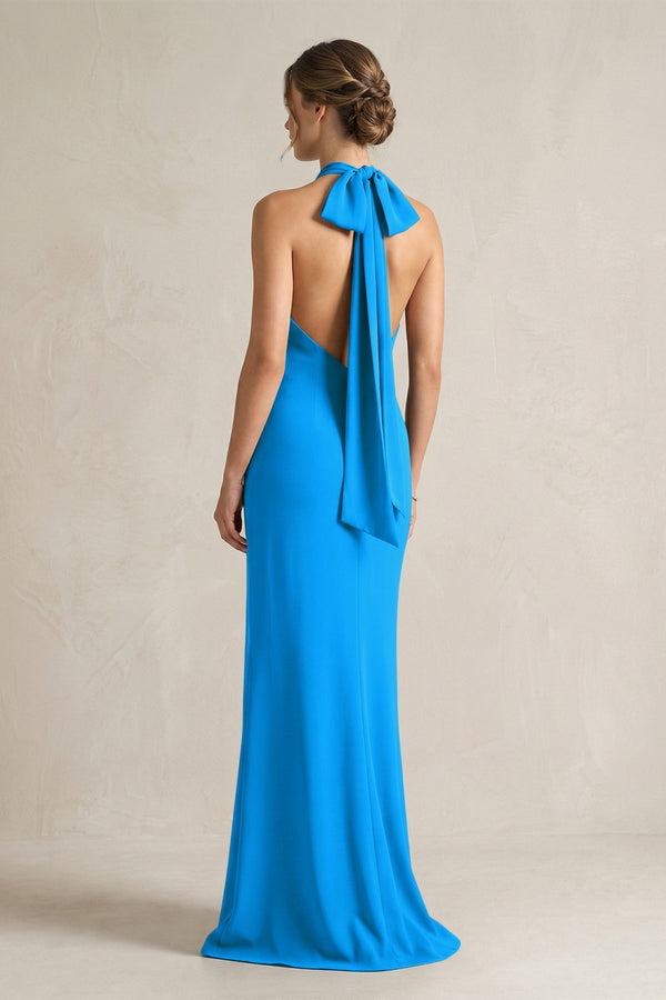 Halter Sheath Satin Bridesmaid Dress With Bow in Blue Jay - KissProm Bridesmaid Dresses