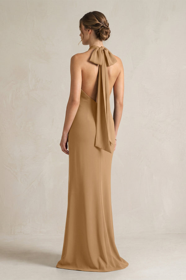 Halter Sheath Satin Bridesmaid Dress With Bow in Bronzer - KissProm Bridesmaid Dresses