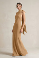 Halter Sheath Satin Bridesmaid Dress With Bow in Bronzer - KissProm Bridesmaid Dresses