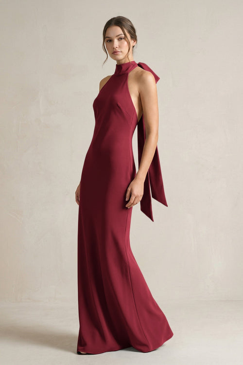 Halter Sheath Satin Bridesmaid Dress With Bow in Burgundy - KissProm Bridesmaid Dresses