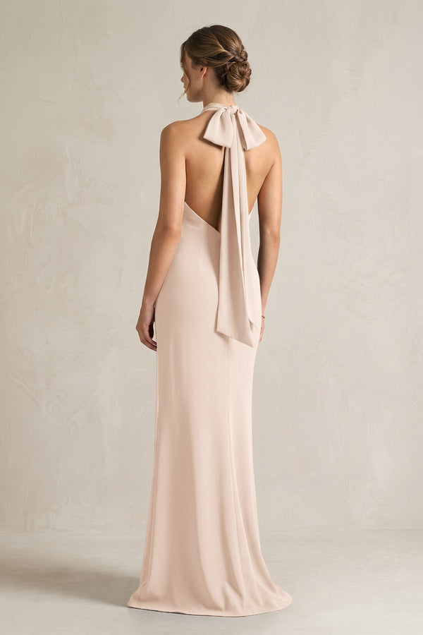 Halter Sheath Satin Bridesmaid Dress With Bow in Buttercream - KissProm Bridesmaid Dresses