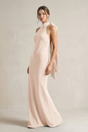 Halter Sheath Satin Bridesmaid Dress With Bow in Buttercream - KissProm Bridesmaid Dresses