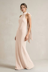 Halter Sheath Satin Bridesmaid Dress With Bow in Buttercream - KissProm Bridesmaid Dresses