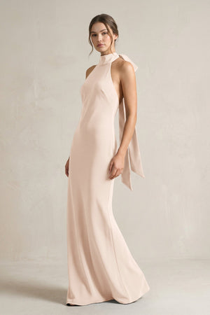 Halter Sheath Satin Bridesmaid Dress With Bow in Buttercream - KissProm Bridesmaid Dresses