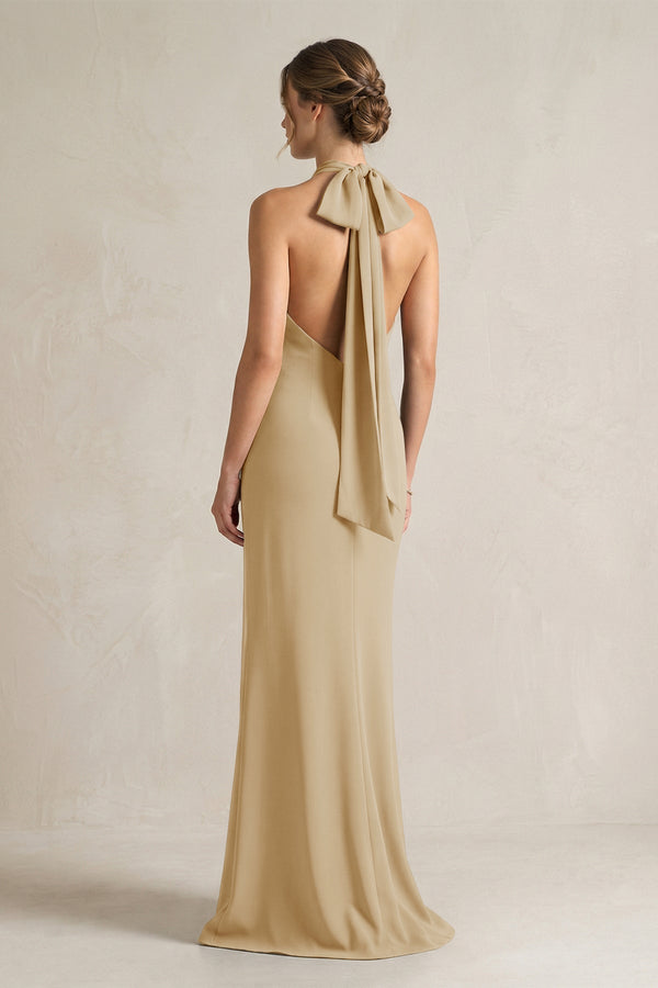 Halter Sheath Satin Bridesmaid Dress With Bow in Champagne - KissProm Bridesmaid Dresses