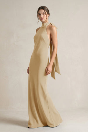 Halter Sheath Satin Bridesmaid Dress With Bow in Champagne - KissProm Bridesmaid Dresses