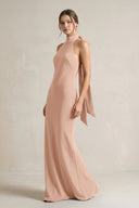 Halter Sheath Satin Bridesmaid Dress With Bow in Champagne Rose - KissProm Bridesmaid Dresses