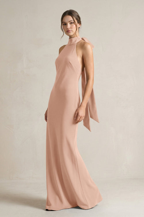Halter Sheath Satin Bridesmaid Dress With Bow in Champagne Rose - KissProm Bridesmaid Dresses