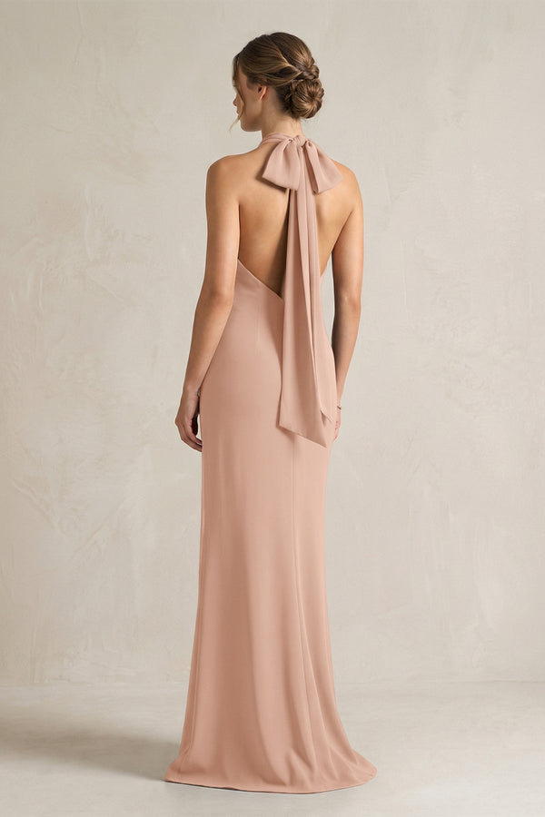 Halter Sheath Satin Bridesmaid Dress With Bow in Champagne Rose - KissProm Bridesmaid Dresses