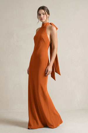 Halter Sheath Satin Bridesmaid Dress With Bow in Cinnamon - KissProm Bridesmaid Dresses