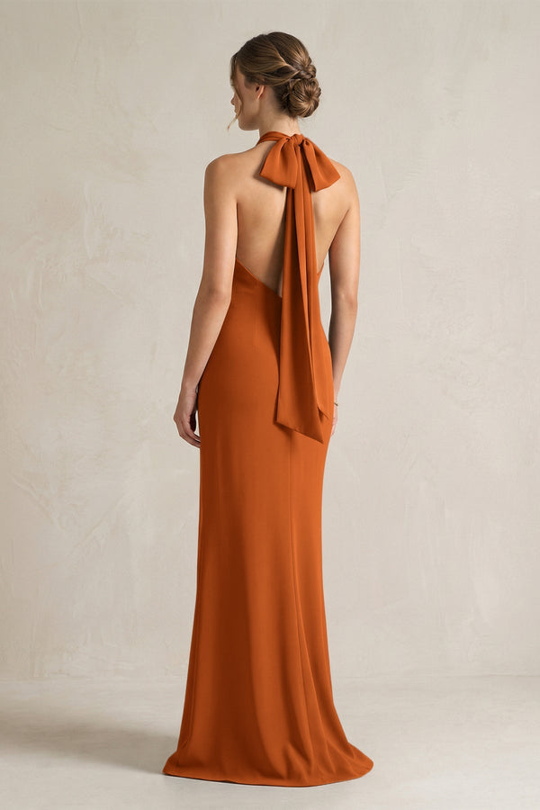 Halter Sheath Satin Bridesmaid Dress With Bow in Cinnamon - KissProm Bridesmaid Dresses