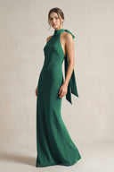 Halter Sheath Satin Bridesmaid Dress With Bow in Dark Green - KissProm Bridesmaid Dresses
