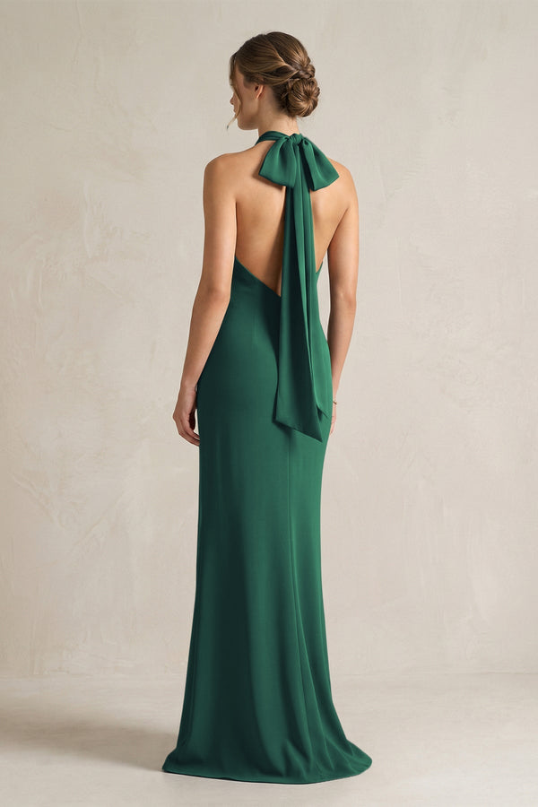 Halter Sheath Satin Bridesmaid Dress With Bow in Dark Green - KissProm Bridesmaid Dresses