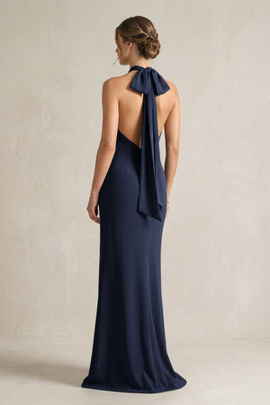 Halter Sheath Satin Bridesmaid Dress With Bow in Dark Navy - KissProm Bridesmaid Dresses