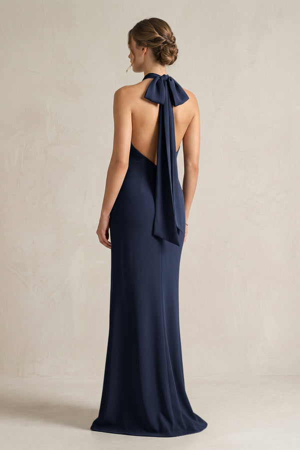 Halter Sheath Satin Bridesmaid Dress With Bow in Dark Navy - KissProm Bridesmaid Dresses