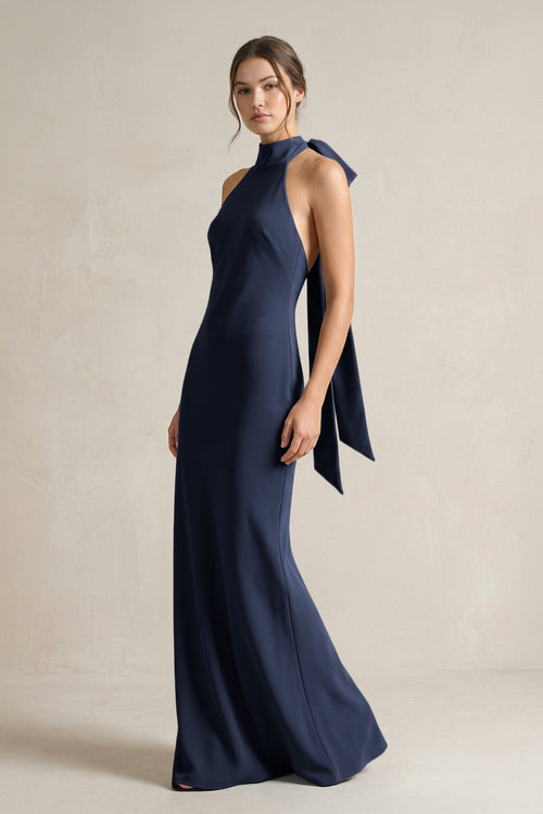 Halter Sheath Satin Bridesmaid Dress With Bow in Dark Navy - KissProm Bridesmaid Dresses